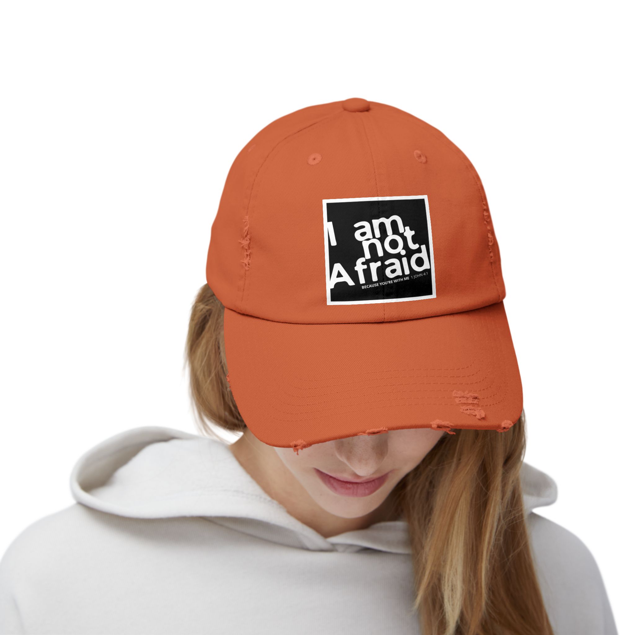 I’m Not Afraid, Distressed Hat - 1 John 4:1, Christian Apparel - Image 4