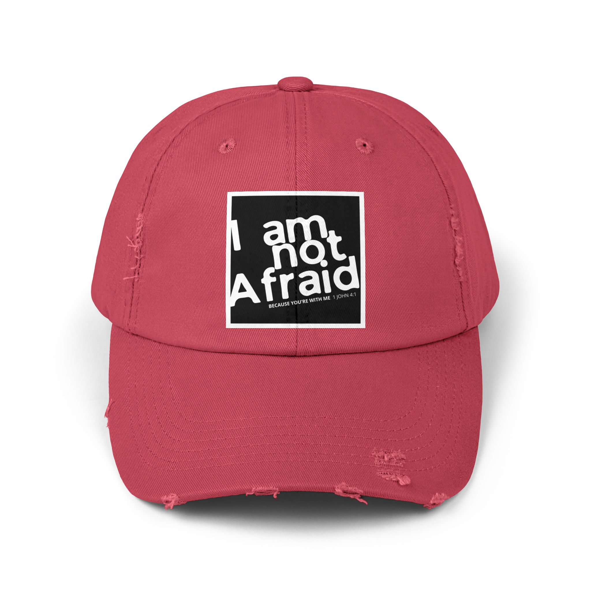 I’m Not Afraid, Distressed Hat - 1 John 4:1, Christian Apparel - Image 29
