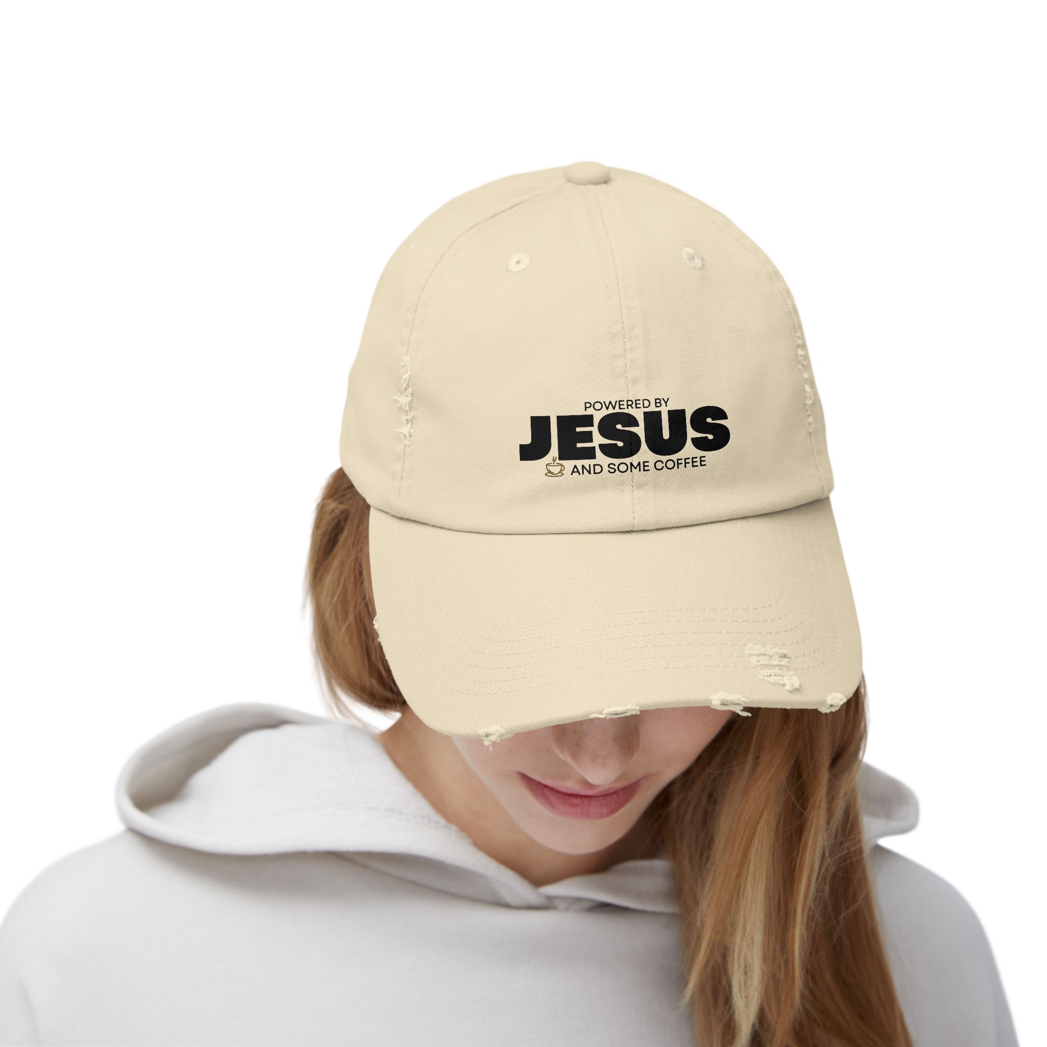 Powered by Jesus - Distressed Hat - Christian Apparel, Fun Design - Image 4