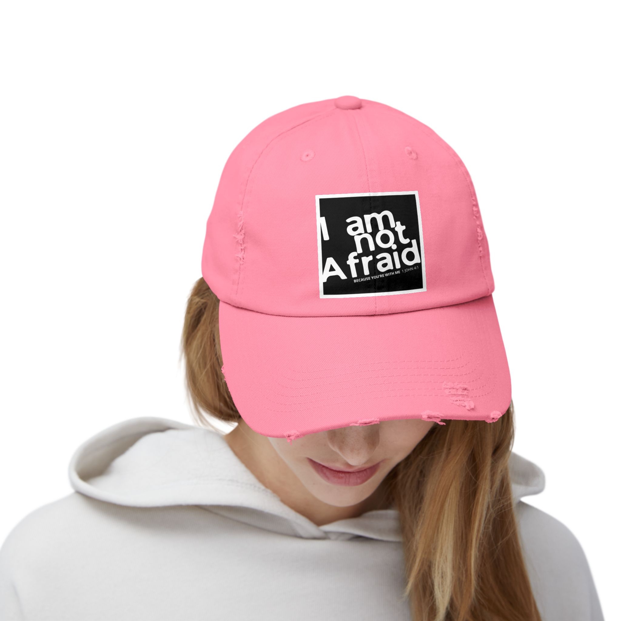 I’m Not Afraid, Distressed Hat - 1 John 4:1, Christian Apparel - Image 28