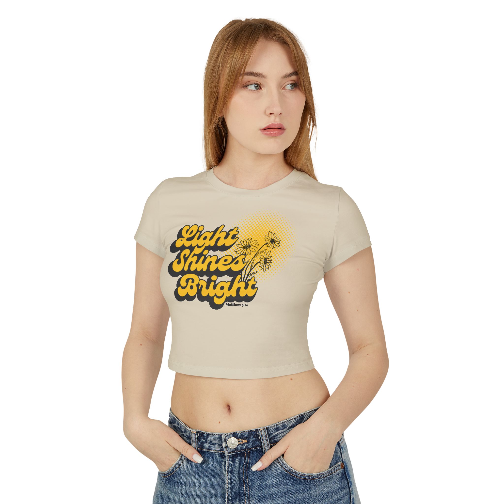 Women’s baby tee - 'Light Shines Bright' Design, Inspired by Matthew’s Call to Be Light
