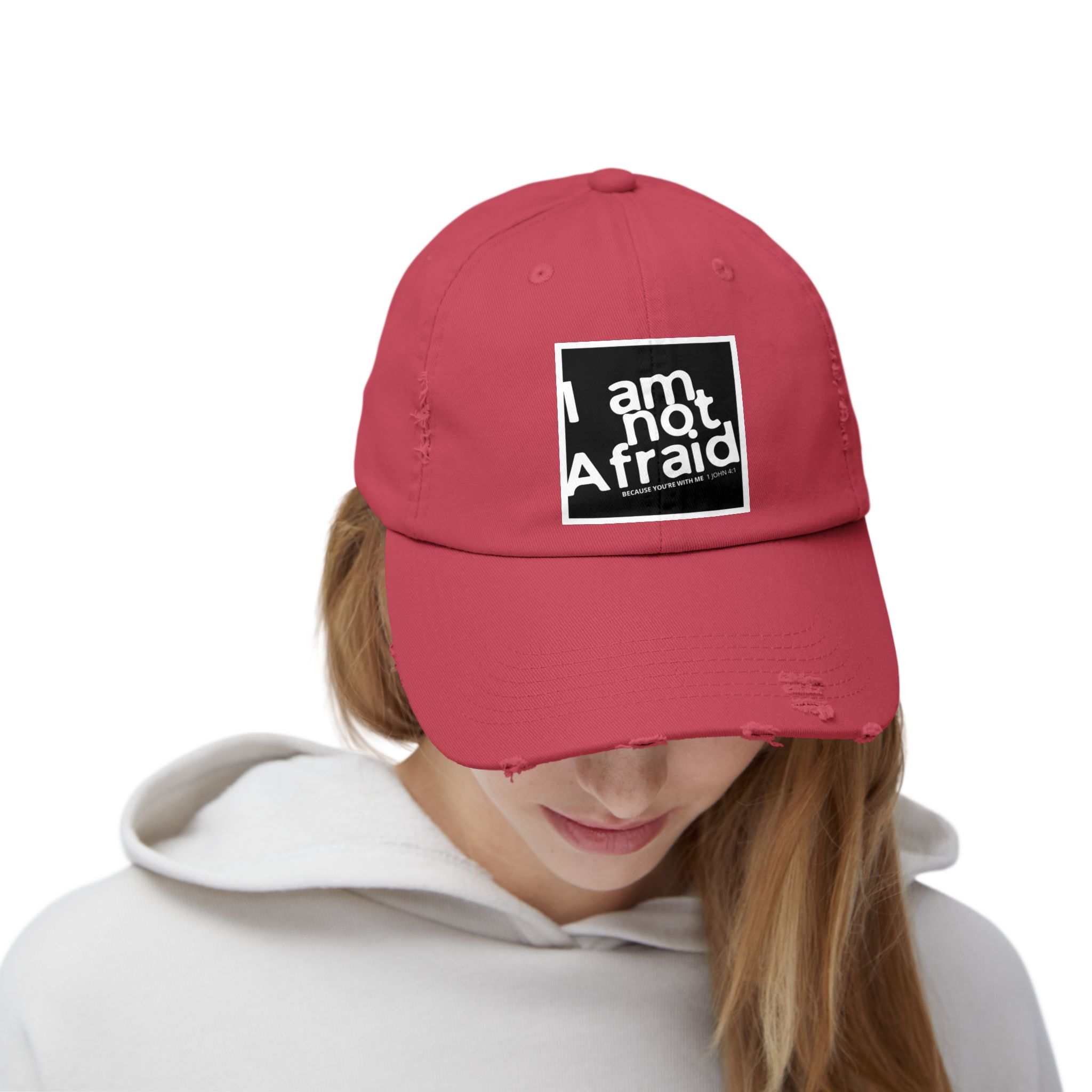 I’m Not Afraid, Distressed Hat - 1 John 4:1, Christian Apparel - Image 32