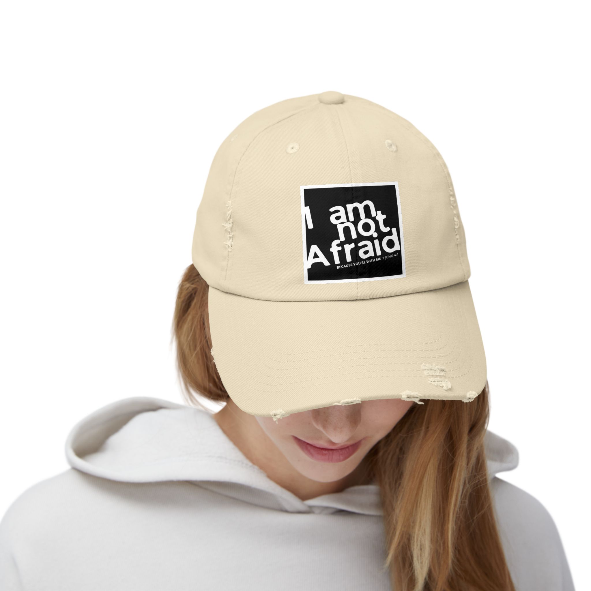 I’m Not Afraid, Distressed Hat - 1 John 4:1, Christian Apparel - Image 12