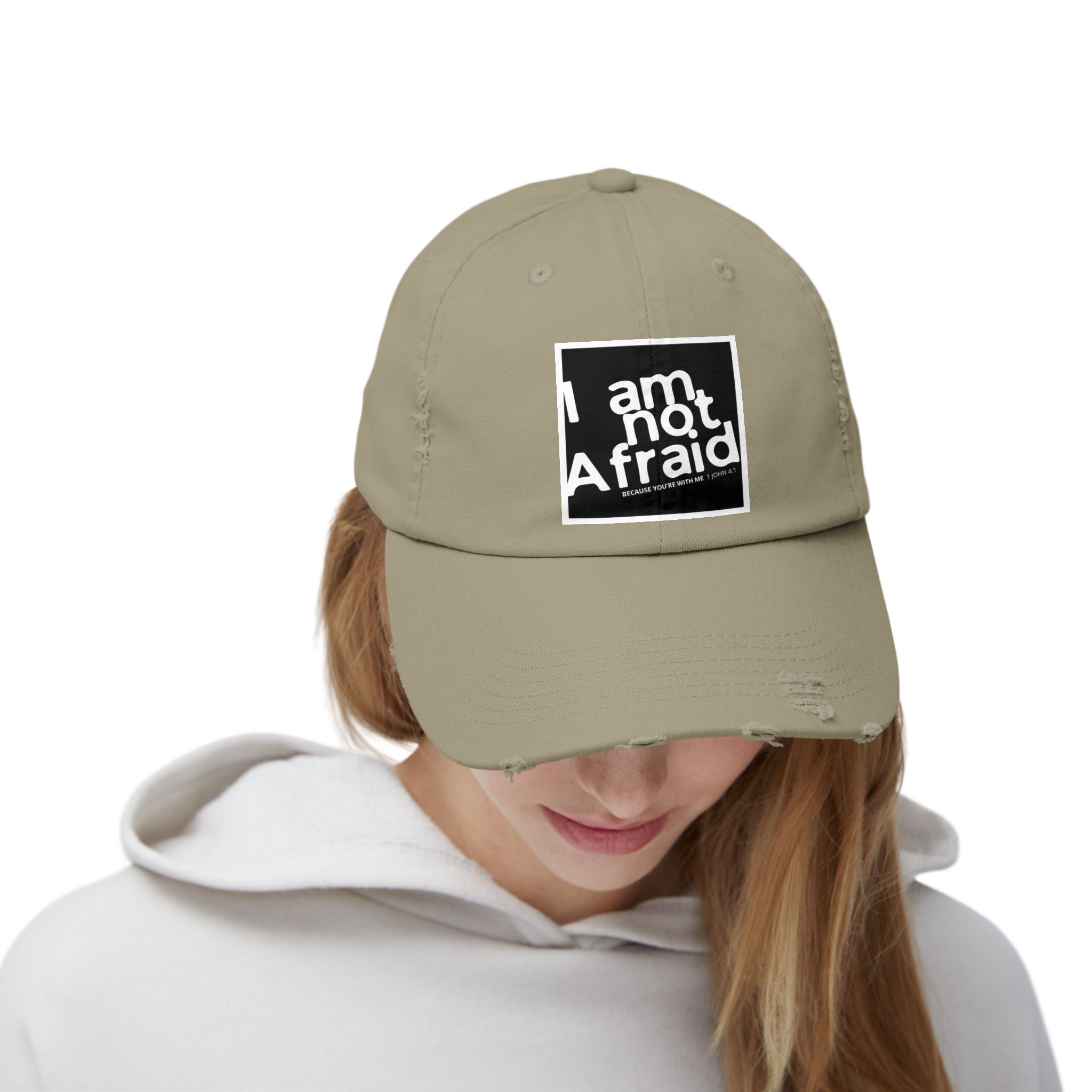 I’m Not Afraid, Distressed Hat - 1 John 4:1, Christian Apparel - Image 16
