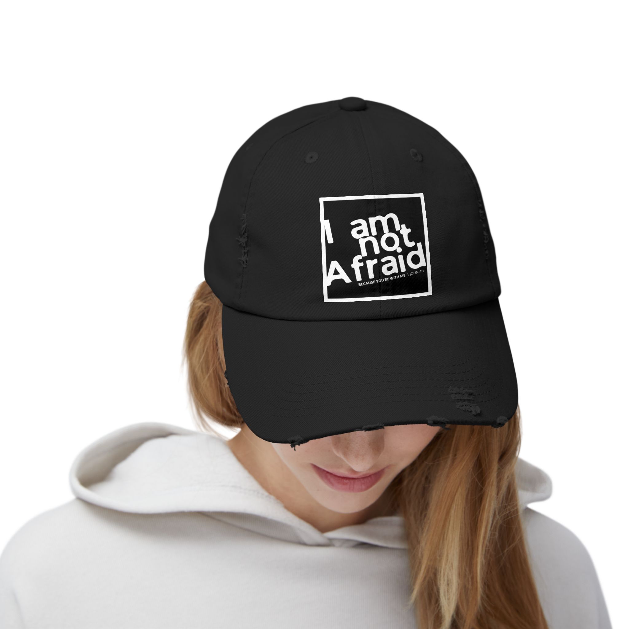 I’m Not Afraid, Distressed Hat - 1 John 4:1, Christian Apparel - Image 8
