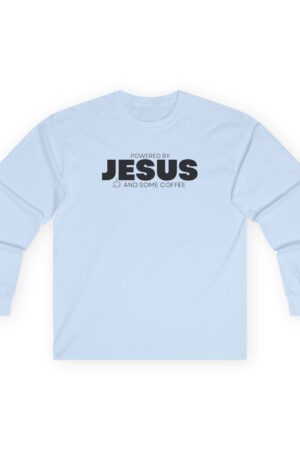 Unisex Long Sleeve Tee: Powered by JESUS and Some Coffee – Fun & Inspirational Design