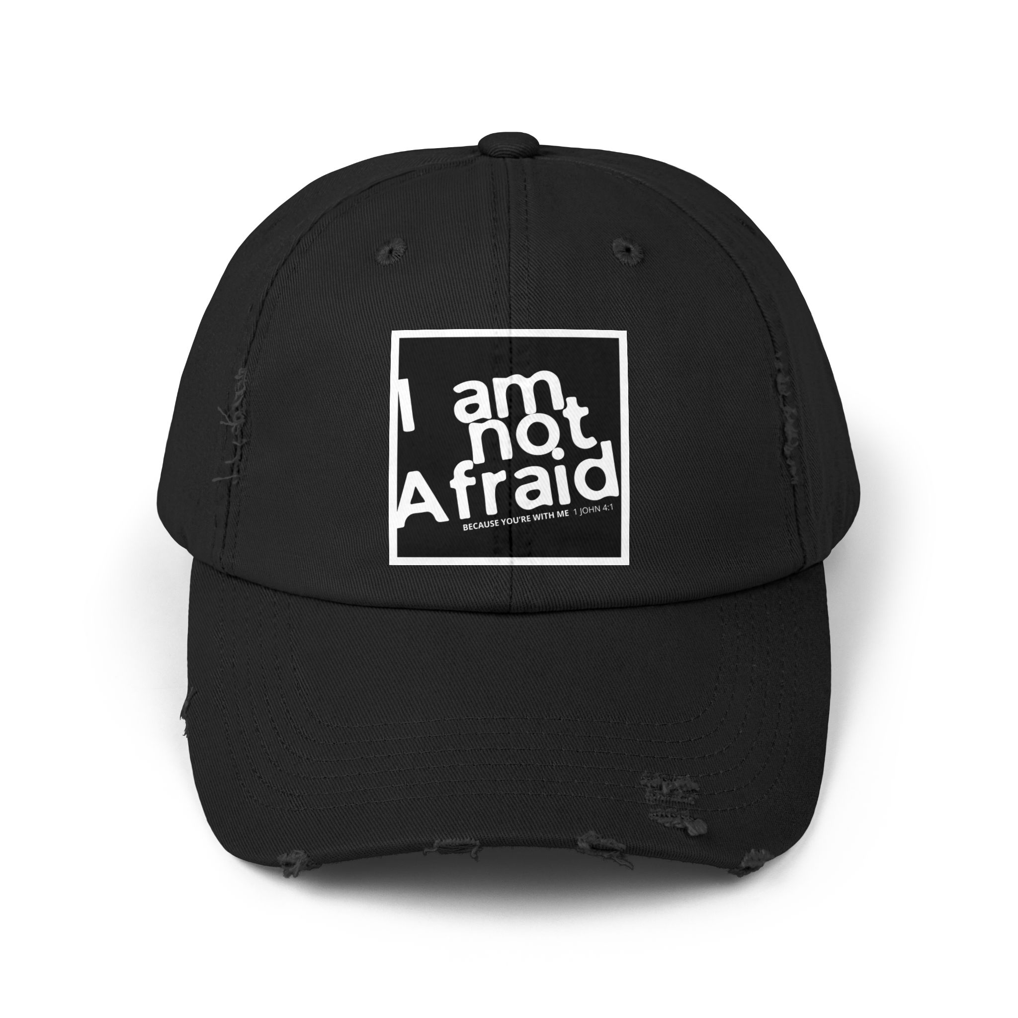 I’m Not Afraid, Distressed Hat - 1 John 4:1, Christian Apparel - Image 5