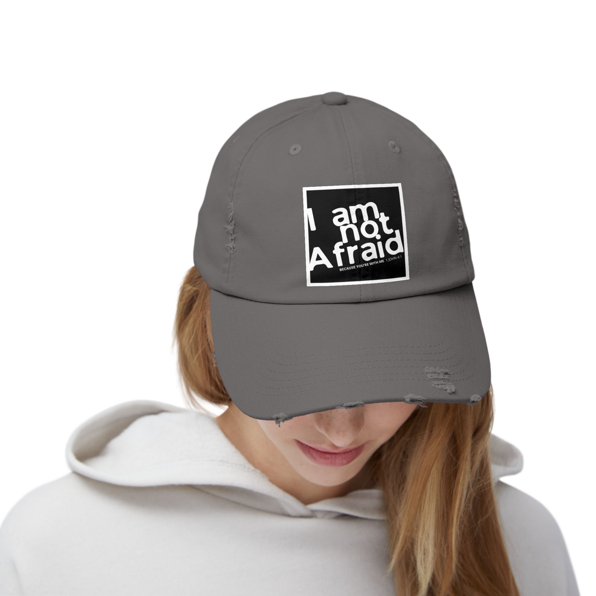 I’m Not Afraid, Distressed Hat - 1 John 4:1, Christian Apparel - Image 24