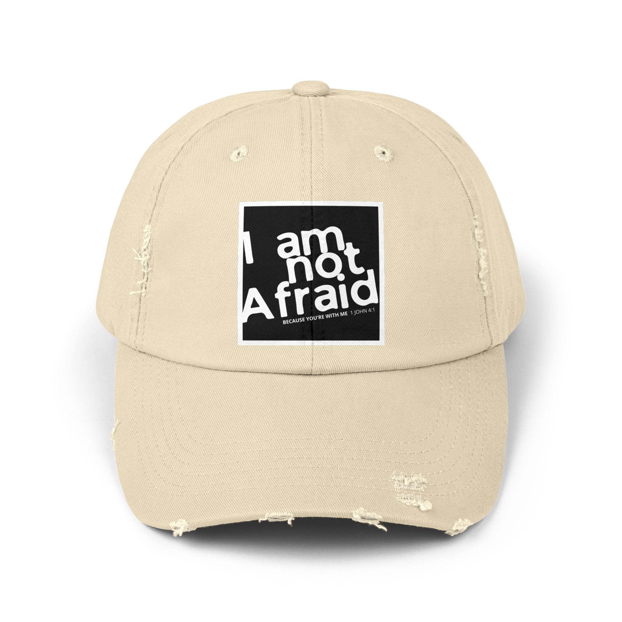 I’m Not Afraid, Distressed Hat - 1 John 4:1, Christian Apparel - Image 9