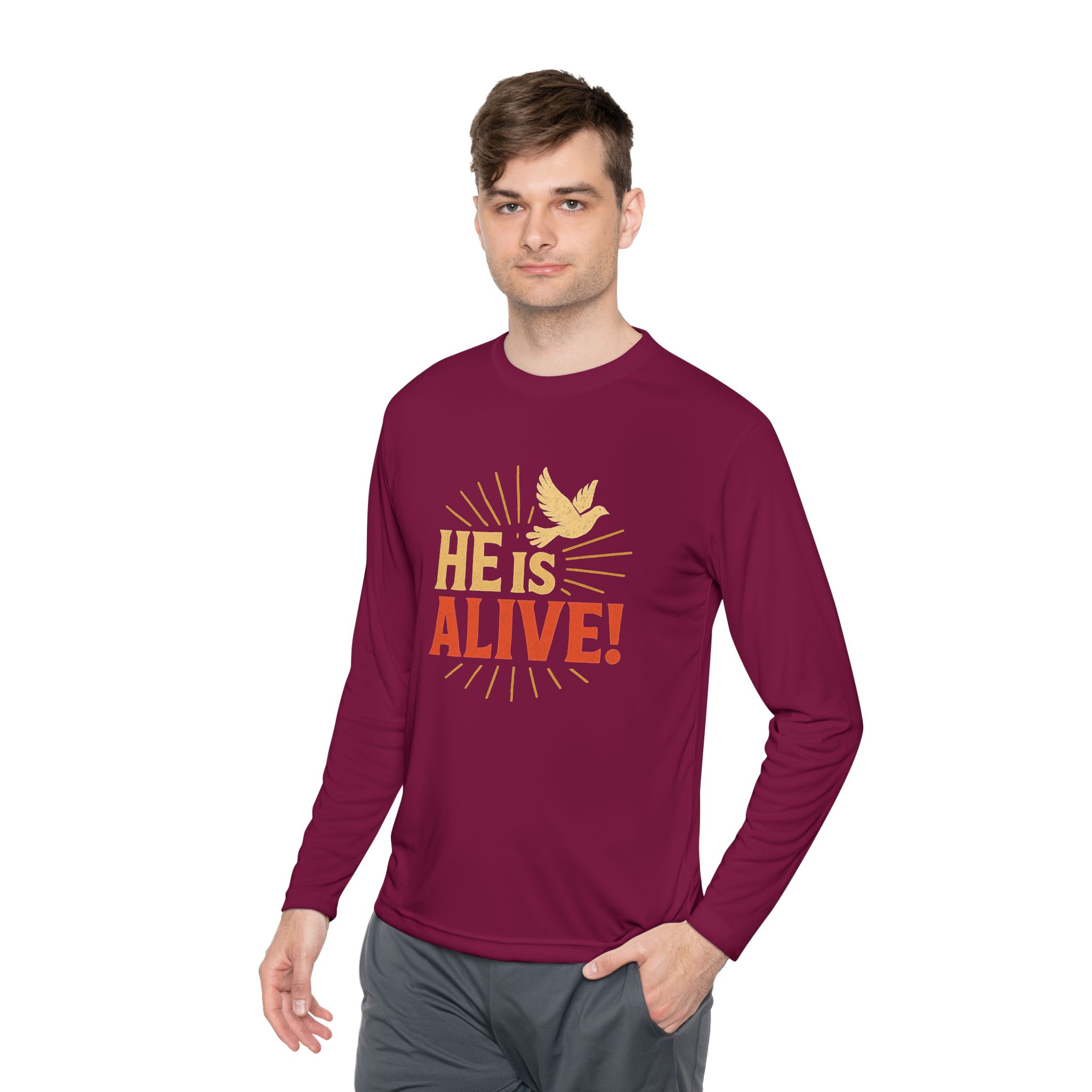He is Alive – Unisex Lightweight Long Sleeve Tee (with Dove Design) - Image 3